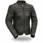 Women's Black Scooter Collar Leather Jacket With Reflective Piping And Gun Pockets