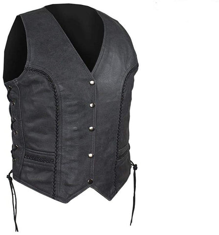 Women's Black Concealed Carry Leather Vest With Braid and Laces