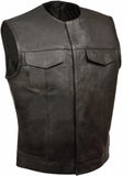 Men's Black 2 Gun 2 Chest Pockets Collarless Leather Vest With Single Back Panel